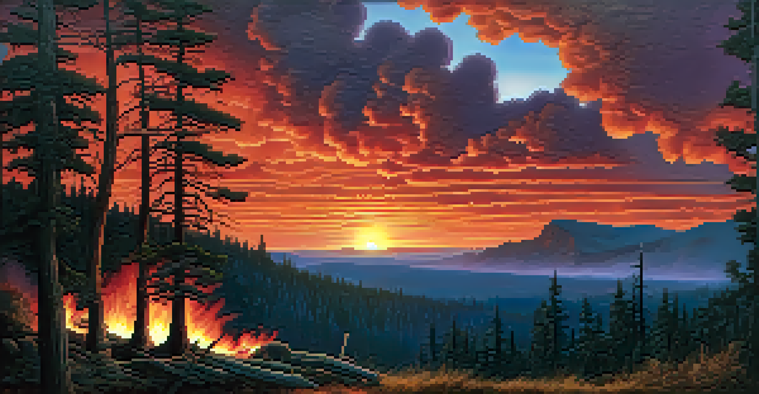 A forest fire with flames and smoke against a colorful sunset sky.