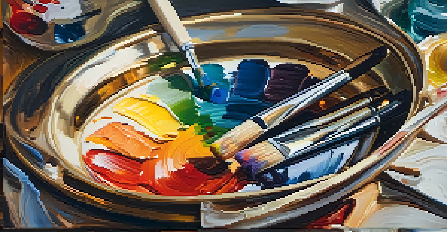 A close-up view of an artist's oil painting palette with vibrant, mixed colors and a palette knife.