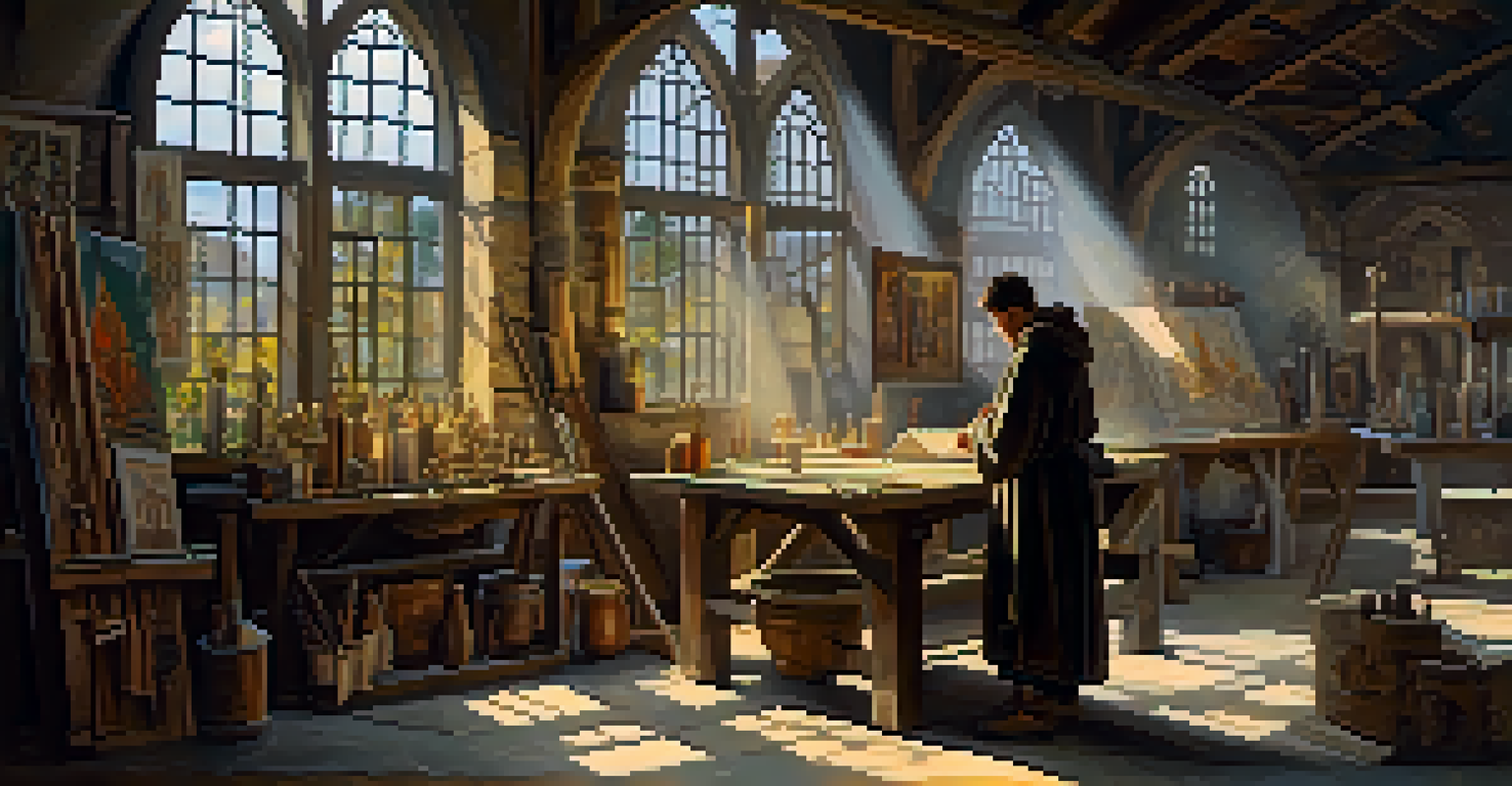 A medieval artist in a workshop creating a religious artwork, surrounded by symbols of faith and illuminated by natural sunlight.