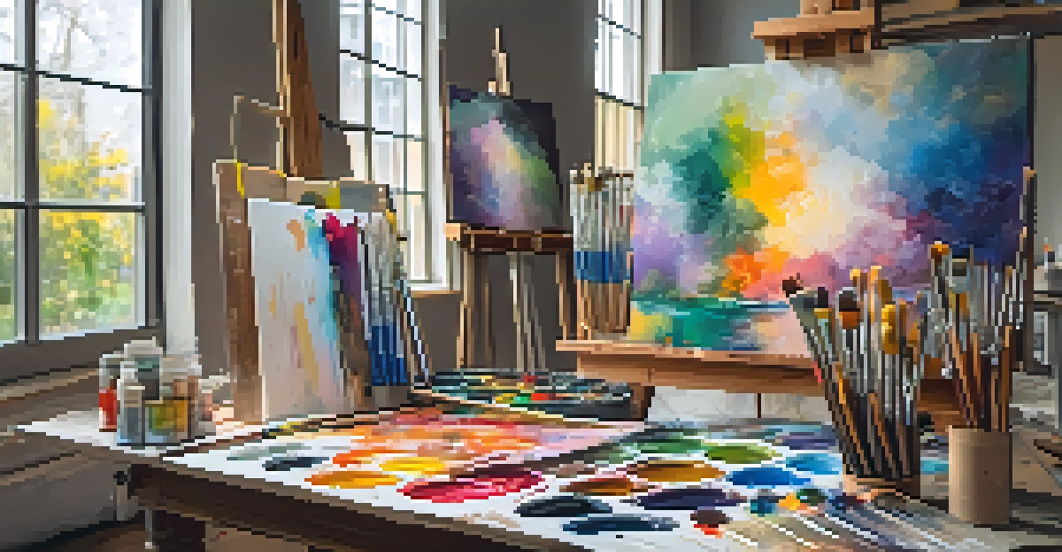 An art studio with a wooden table filled with colorful acrylic paints and brushes, and an abstract painting in progress illuminated by natural light.