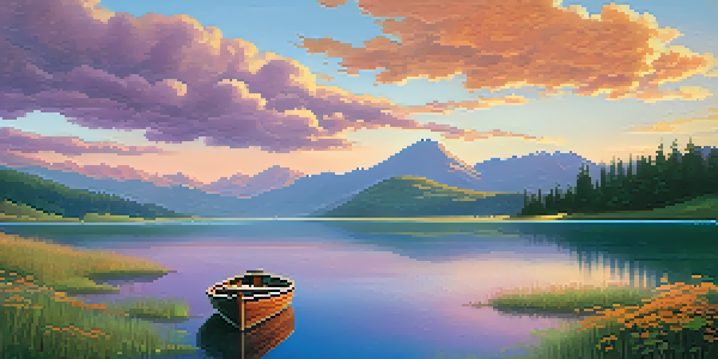 A tranquil lake surrounded by green mountains at sunset, with orange and purple reflections in the water and a small wooden boat.