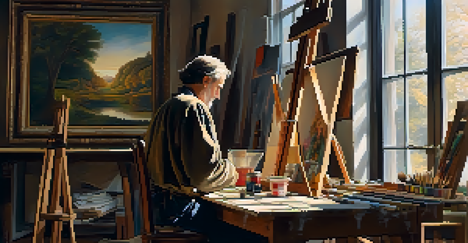 A Renaissance artist in a studio, deeply focused on painting a religious scene, surrounded by art supplies and bathed in natural light from a window.