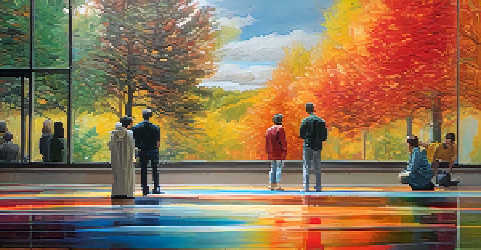 A close-up of an abstract art piece featuring vibrant colors and textures, with artists discussing it in the background.