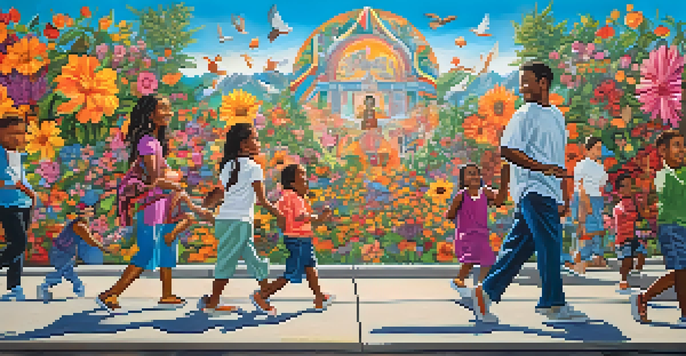 A colorful mural showing diverse figures holding hands against a backdrop of flowers and peace symbols, under a blue sky.