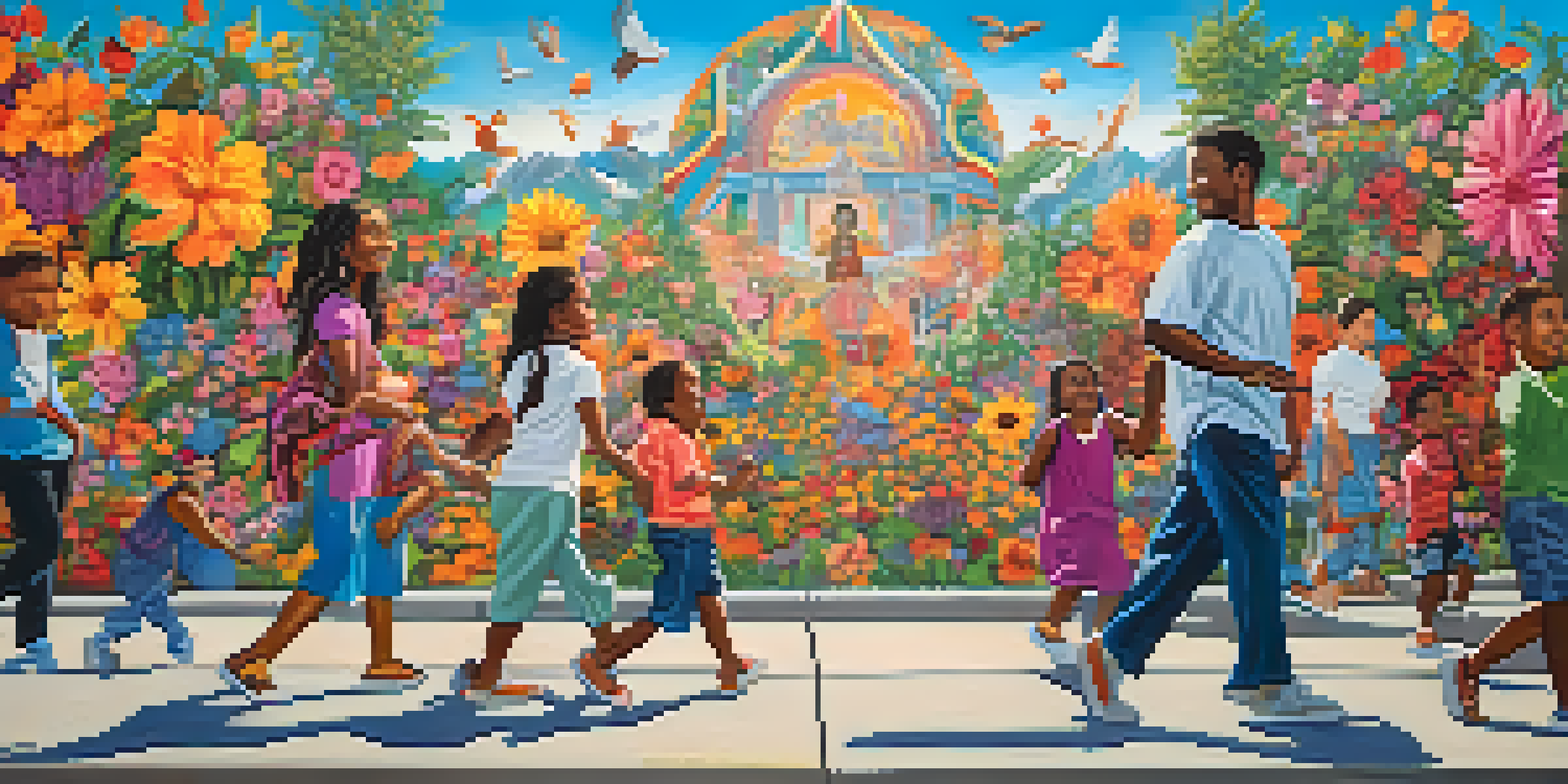 A colorful mural showing diverse figures holding hands against a backdrop of flowers and peace symbols, under a blue sky.
