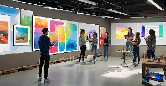 Students using tablets for augmented reality in an art class, visualizing paintings on a wall with digital overlays.