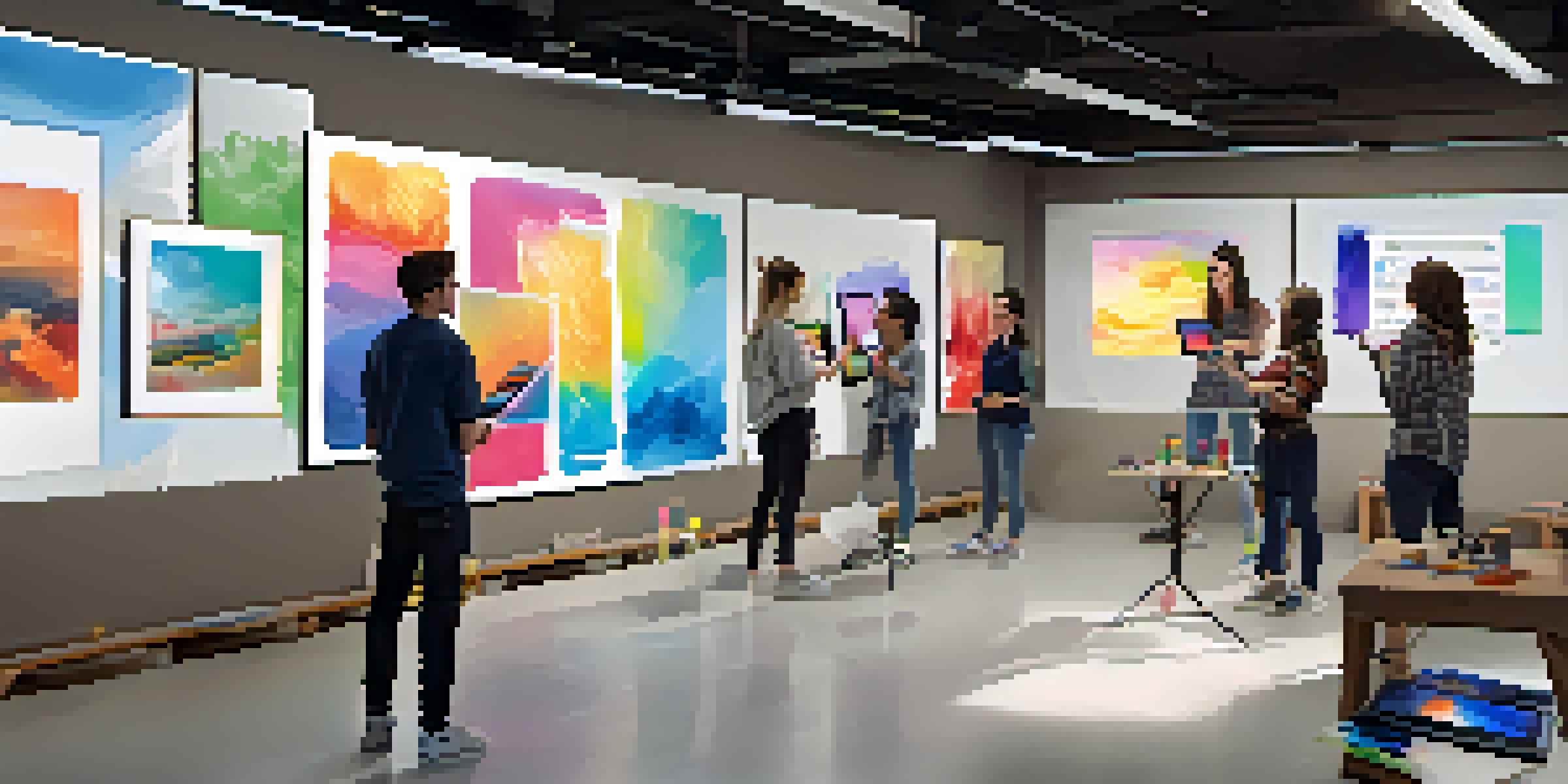 Students using tablets for augmented reality in an art class, visualizing paintings on a wall with digital overlays.