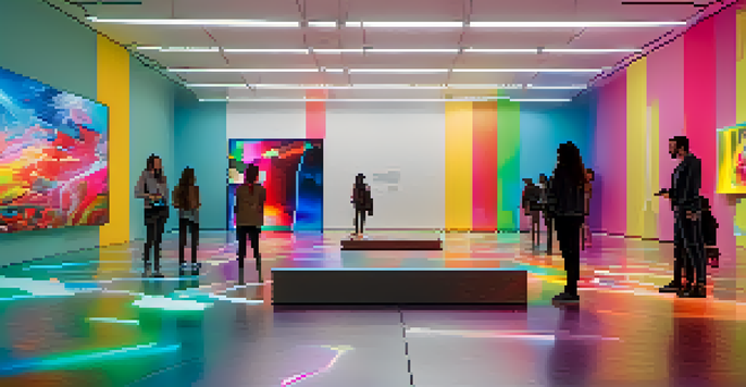 A modern art gallery filled with digital artworks and diverse visitors. Bright lights and large screens enhance the vibrant atmosphere.
