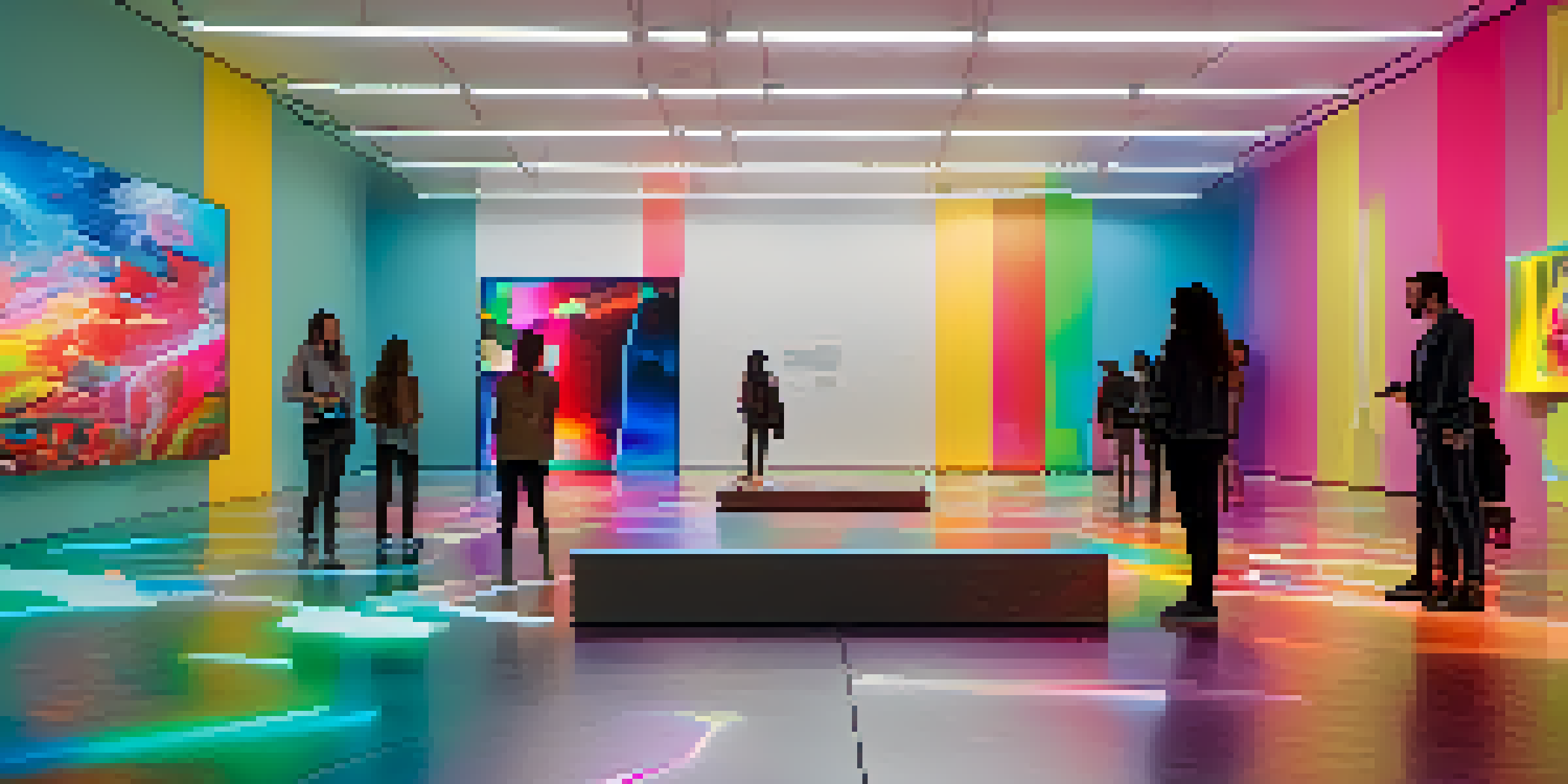 A modern art gallery filled with digital artworks and diverse visitors. Bright lights and large screens enhance the vibrant atmosphere.