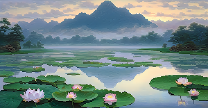 A tranquil lotus pond under a twilight sky with a distant mountain range shrouded in mist, reflecting ethereal clouds in the water.