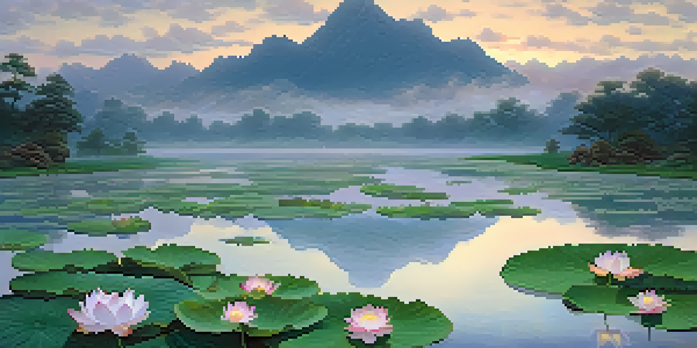 A tranquil lotus pond under a twilight sky with a distant mountain range shrouded in mist, reflecting ethereal clouds in the water.
