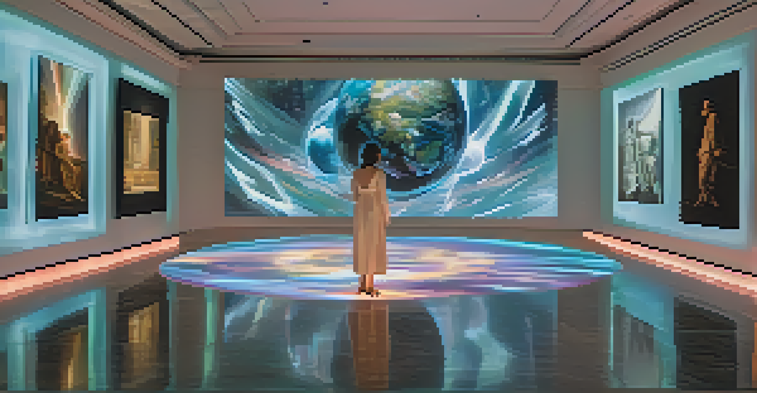 A modern art installation with holographic projections of classical paintings in a dark room.