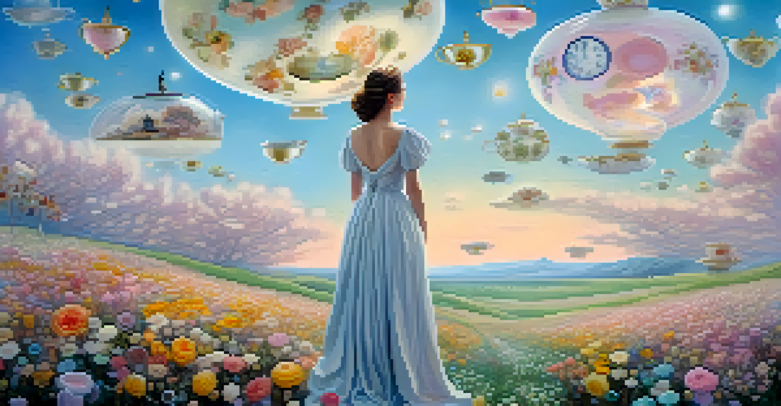A woman in a surreal landscape filled with flowers and floating objects, gazing into the distance.