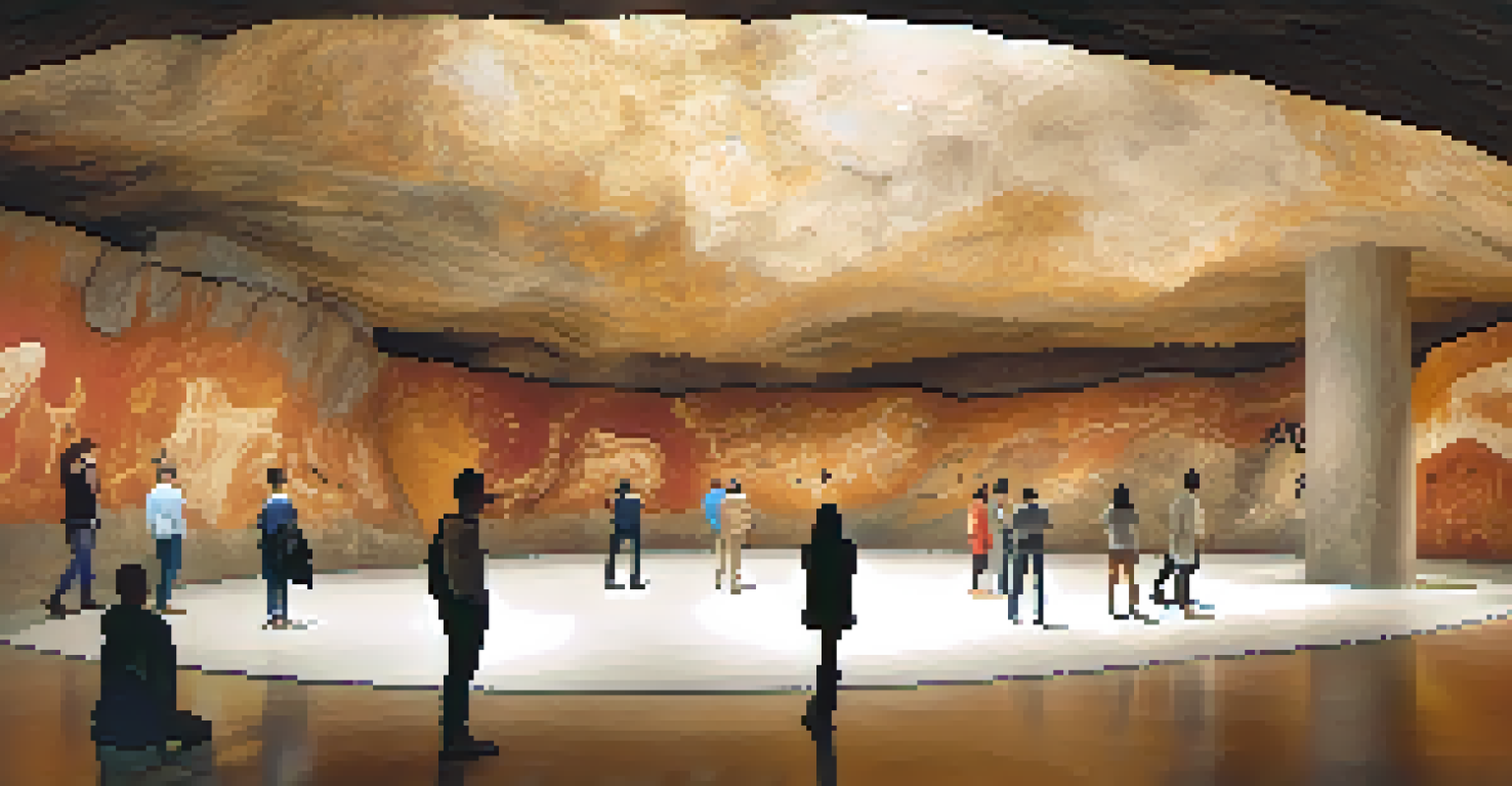 Panoramic view of a cave painting site with prehistoric art on the walls and visitors in the foreground.