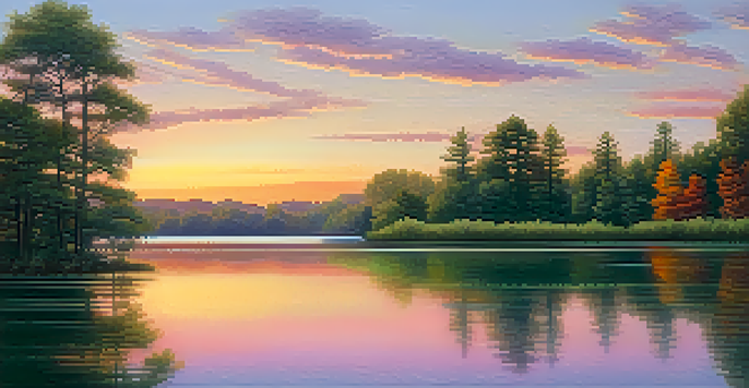 A peaceful sunset landscape with a lake reflecting vibrant colors and surrounded by trees.