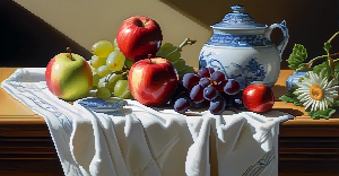 A still life arrangement with a red apple, grapes, and a vase of daisies, illuminated by soft natural light, creating gentle shadows.