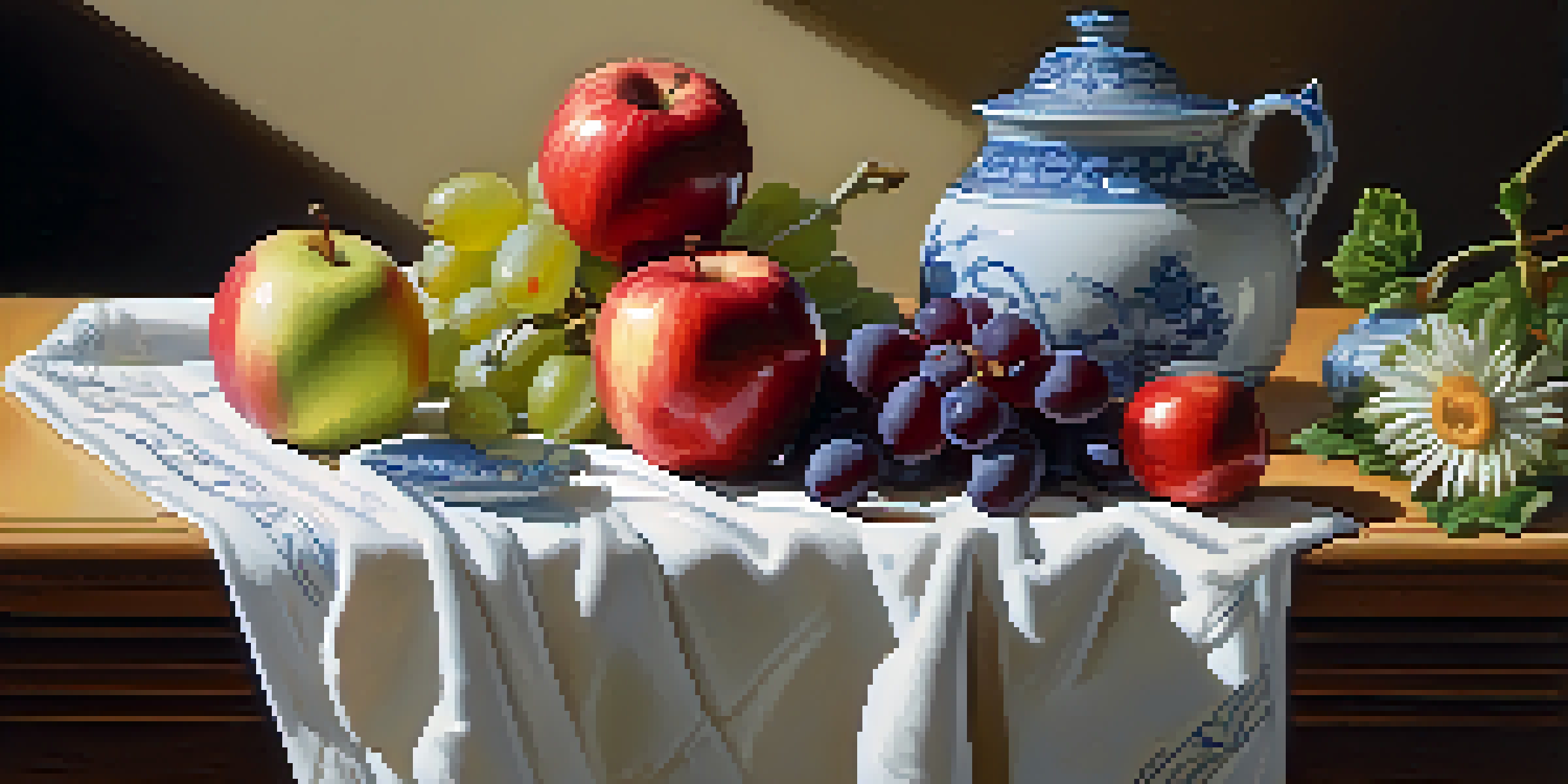 A still life arrangement with a red apple, grapes, and a vase of daisies, illuminated by soft natural light, creating gentle shadows.