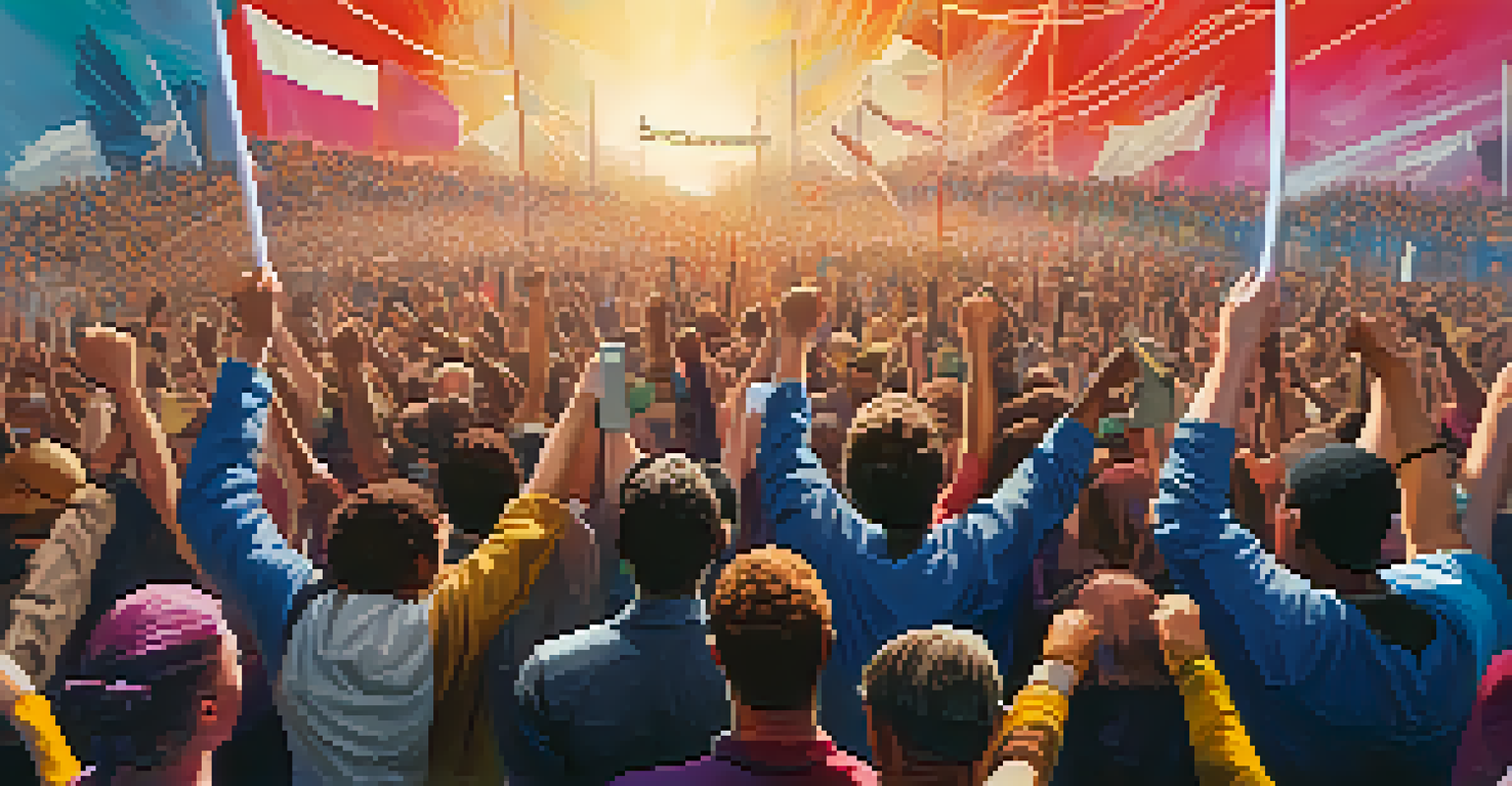 A smartphone showing a digital artwork of a protest with raised fists and banners for justice against a crowd background.