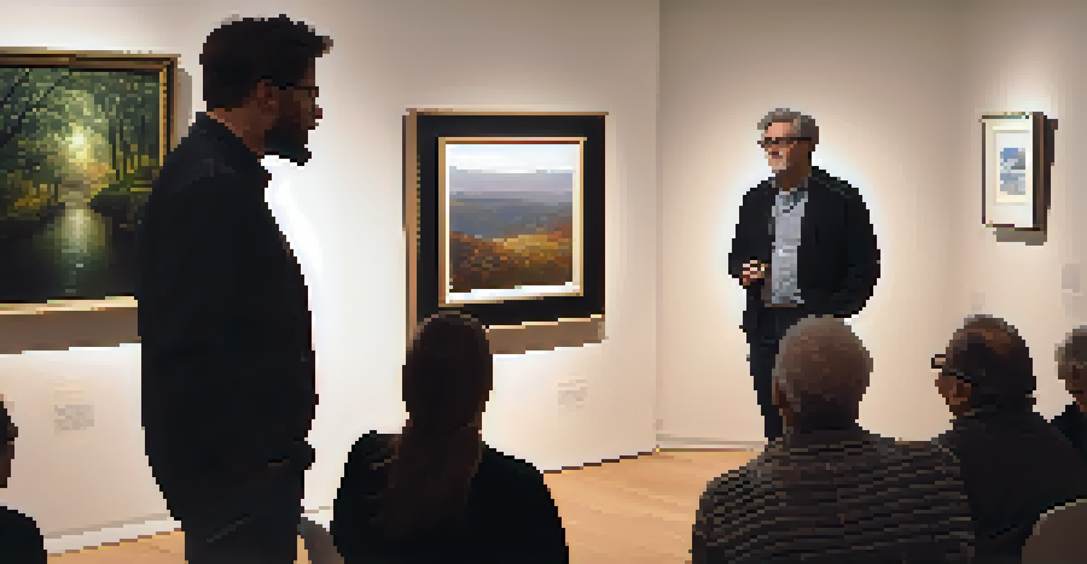 An artist talking to an engaged audience in a cozy gallery setting, surrounded by framed artworks.