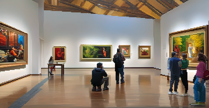 An interior view of a museum filled with contemporary and traditional art, with artists discussing in bright natural light.