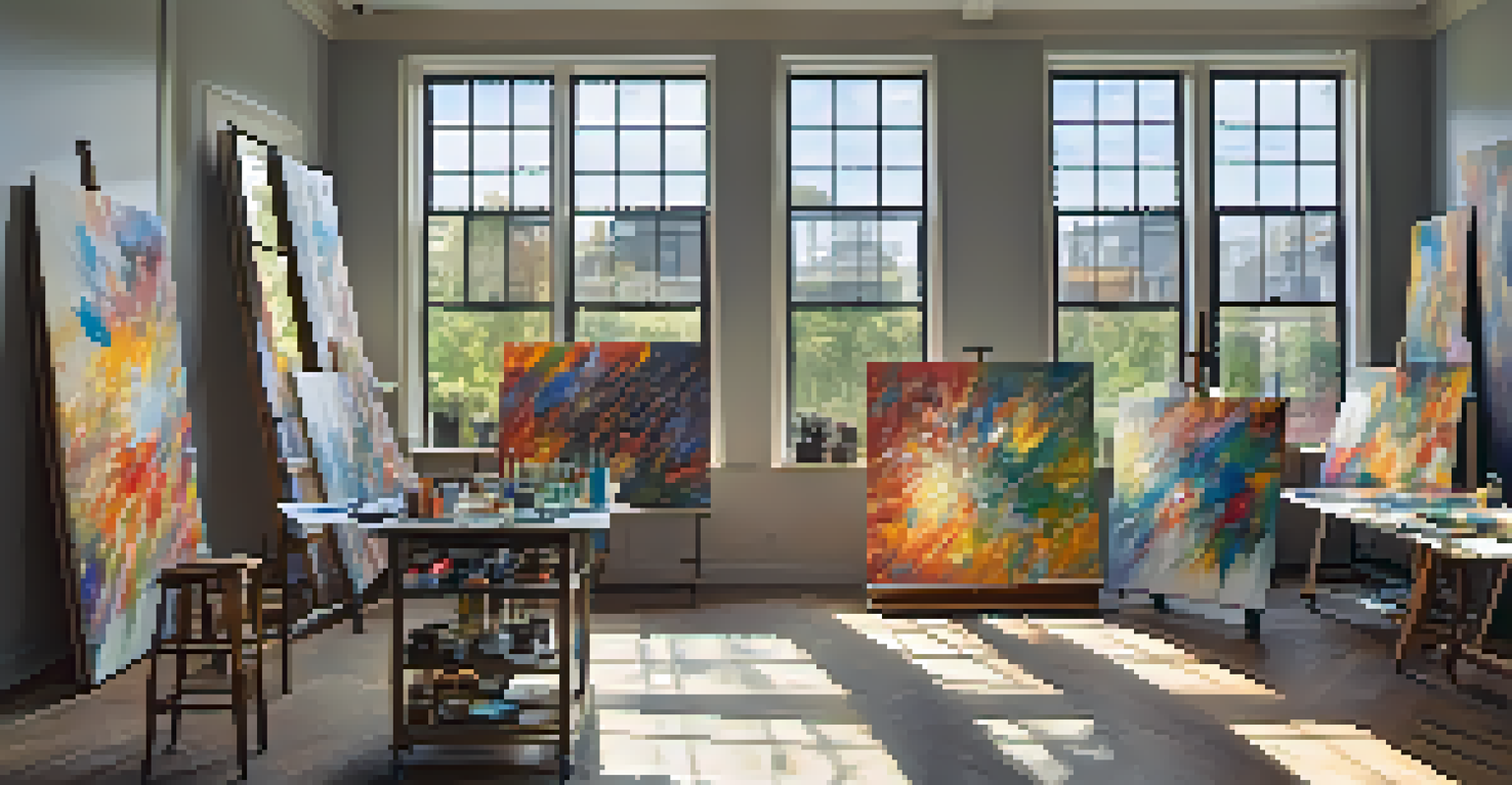 An artist's studio with various canvases and natural light streaming through a window, highlighting an abstract painting in the center.