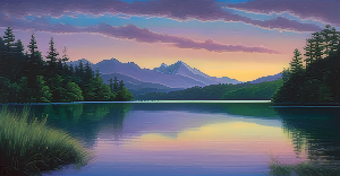 A peaceful twilight scene with a blue lake and green trees, reflecting the colors of the sky.