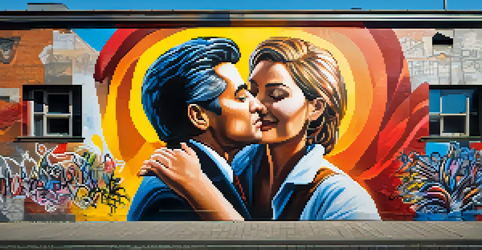 A vibrant mural in Berlin symbolizing unity, featuring a loving embrace between leaders, with a warm glow from sunlight.