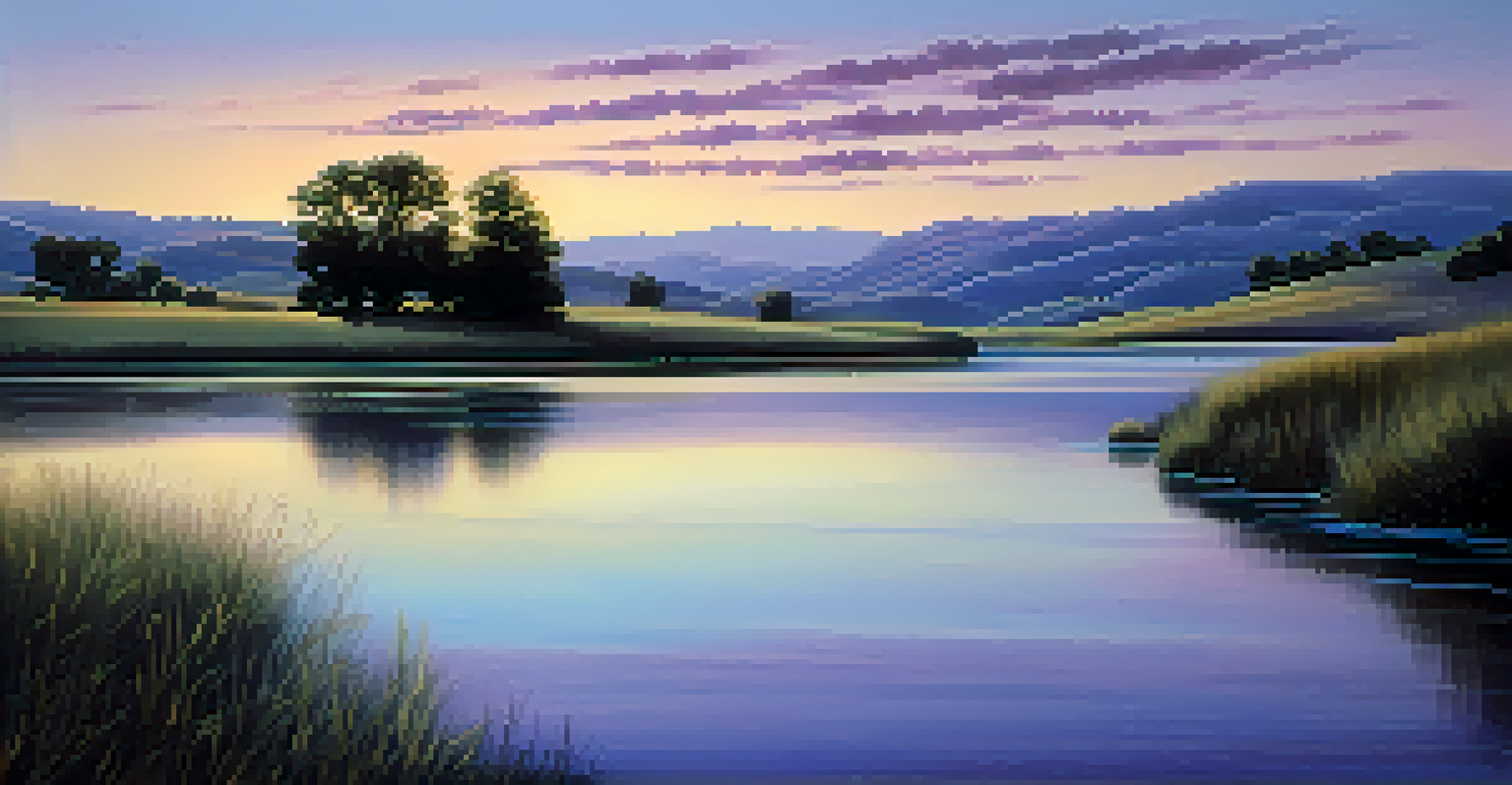 A serene landscape painting with rolling hills and a twilight sky, featuring soft purple and blue hues reflecting in a river.