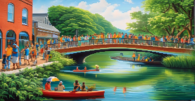 A colorful mural illustrating a pristine river with surrounding trees, where community members are collaboratively painting to raise awareness about environmental preservation.