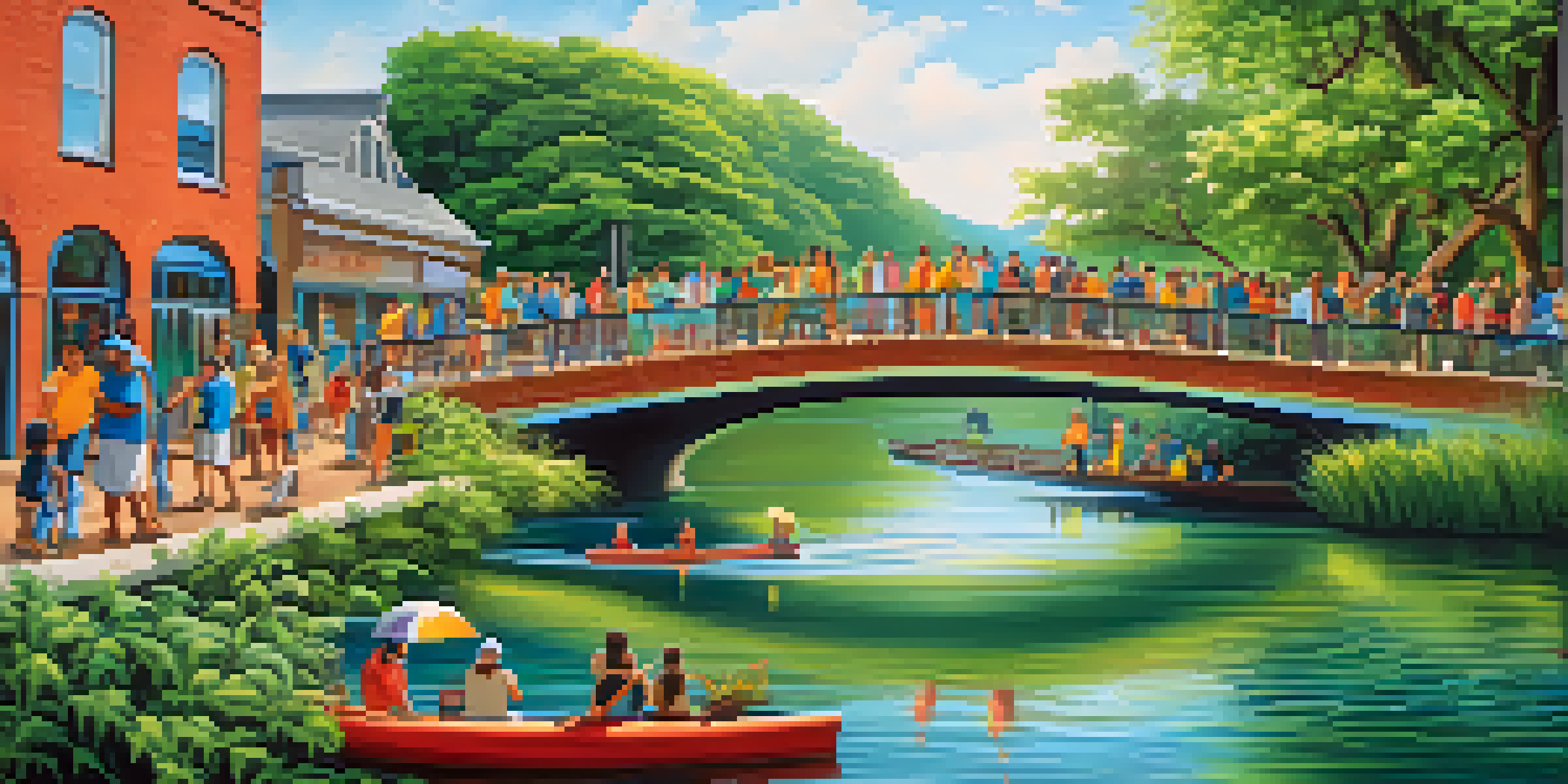 A colorful mural illustrating a pristine river with surrounding trees, where community members are collaboratively painting to raise awareness about environmental preservation.