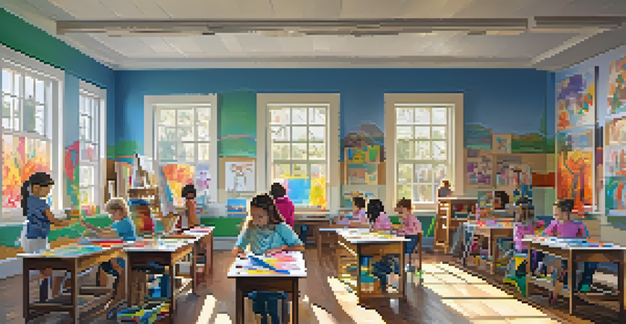 Children in an art classroom painting, molding clay, and drawing, surrounded by colorful artwork and warm sunlight.