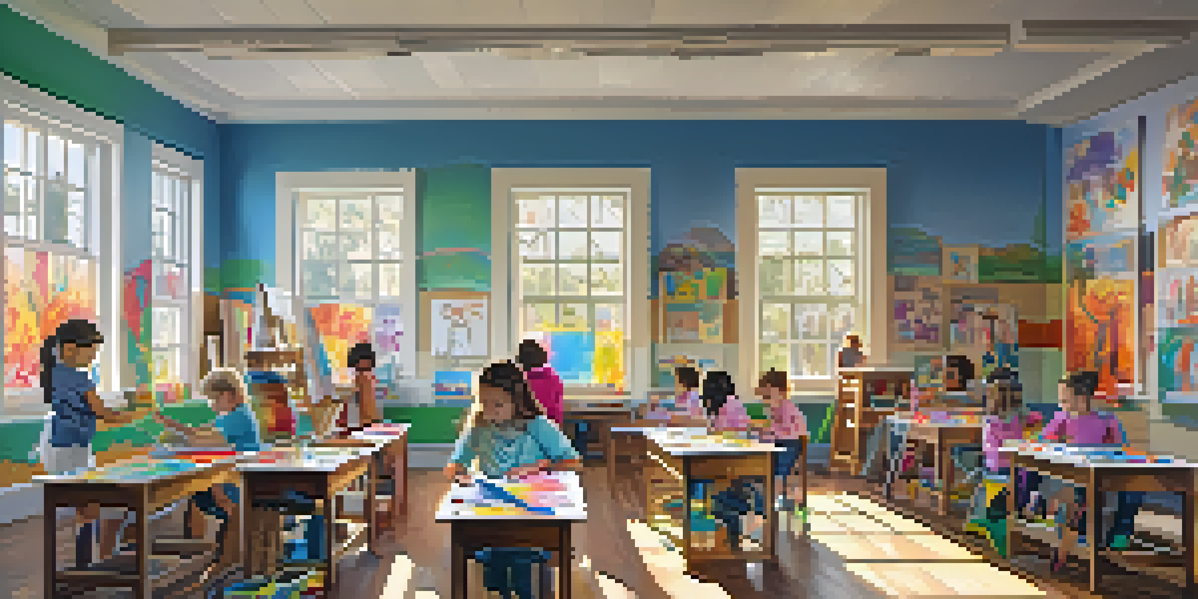 Children in an art classroom painting, molding clay, and drawing, surrounded by colorful artwork and warm sunlight.