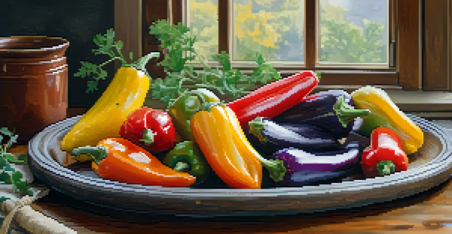 A wooden platter with roasted eggplant, squash, and bell peppers, garnished with herbs and olive oil, set in a rustic kitchen with natural light.
