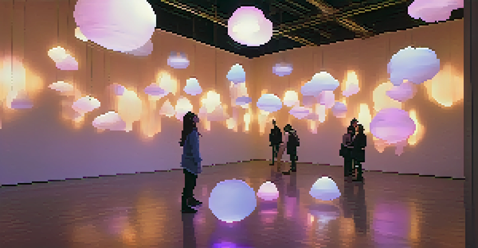 A dreamy art installation with light sculptures and visitors interacting in a soft-lit space.