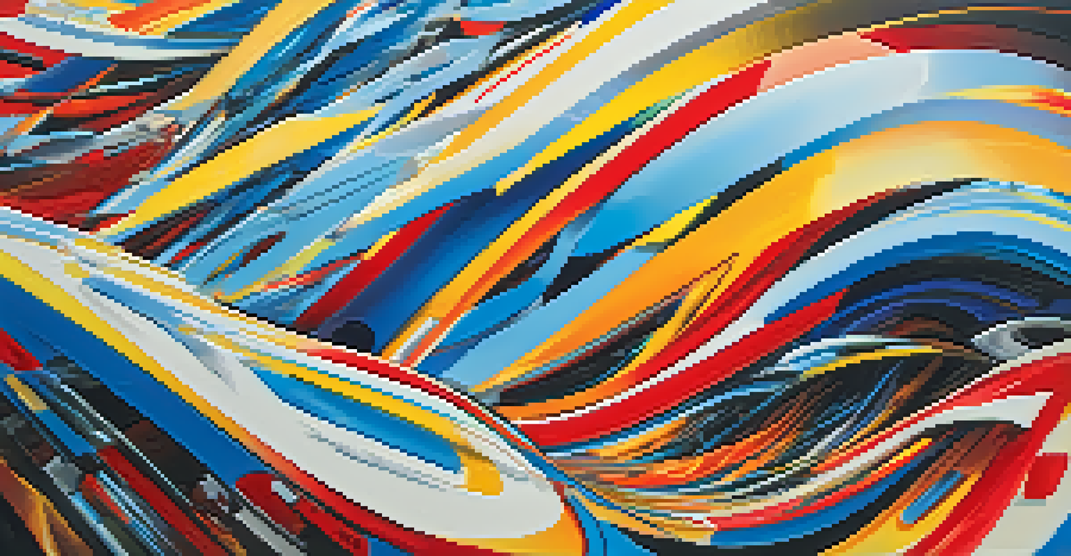 An abstract painting with swirling lines and vibrant colors representing speed and technology.