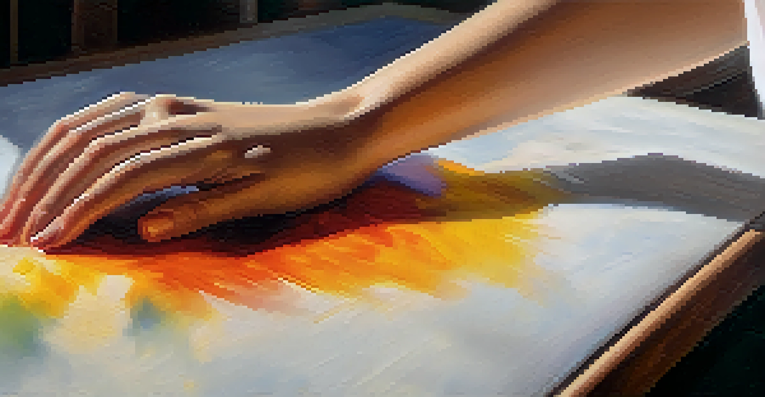 A close-up of a hand cleaning an oil painting with a soft brush, highlighting vibrant colors.