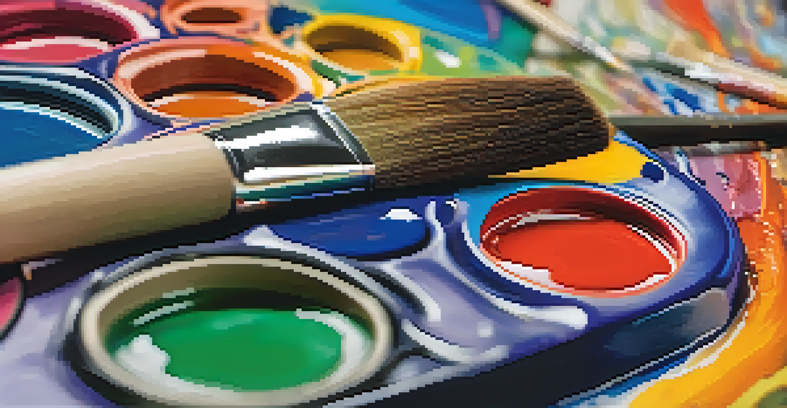 An artist's palette filled with colorful paints and a paintbrush, with a blurred abstract painting in the background.
