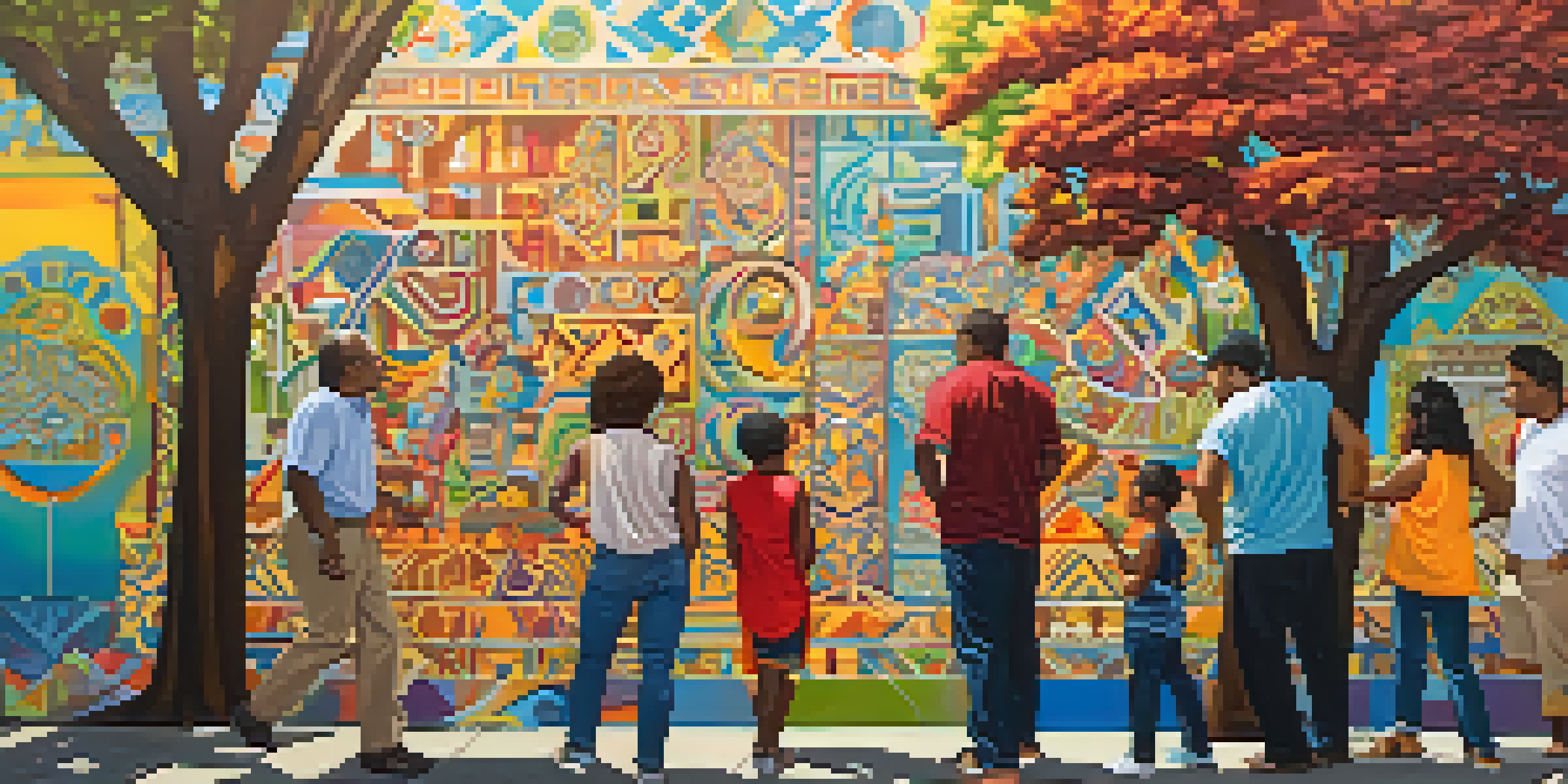 A colorful street mural showcasing cultural symbols with people from different backgrounds talking together under sunlight.