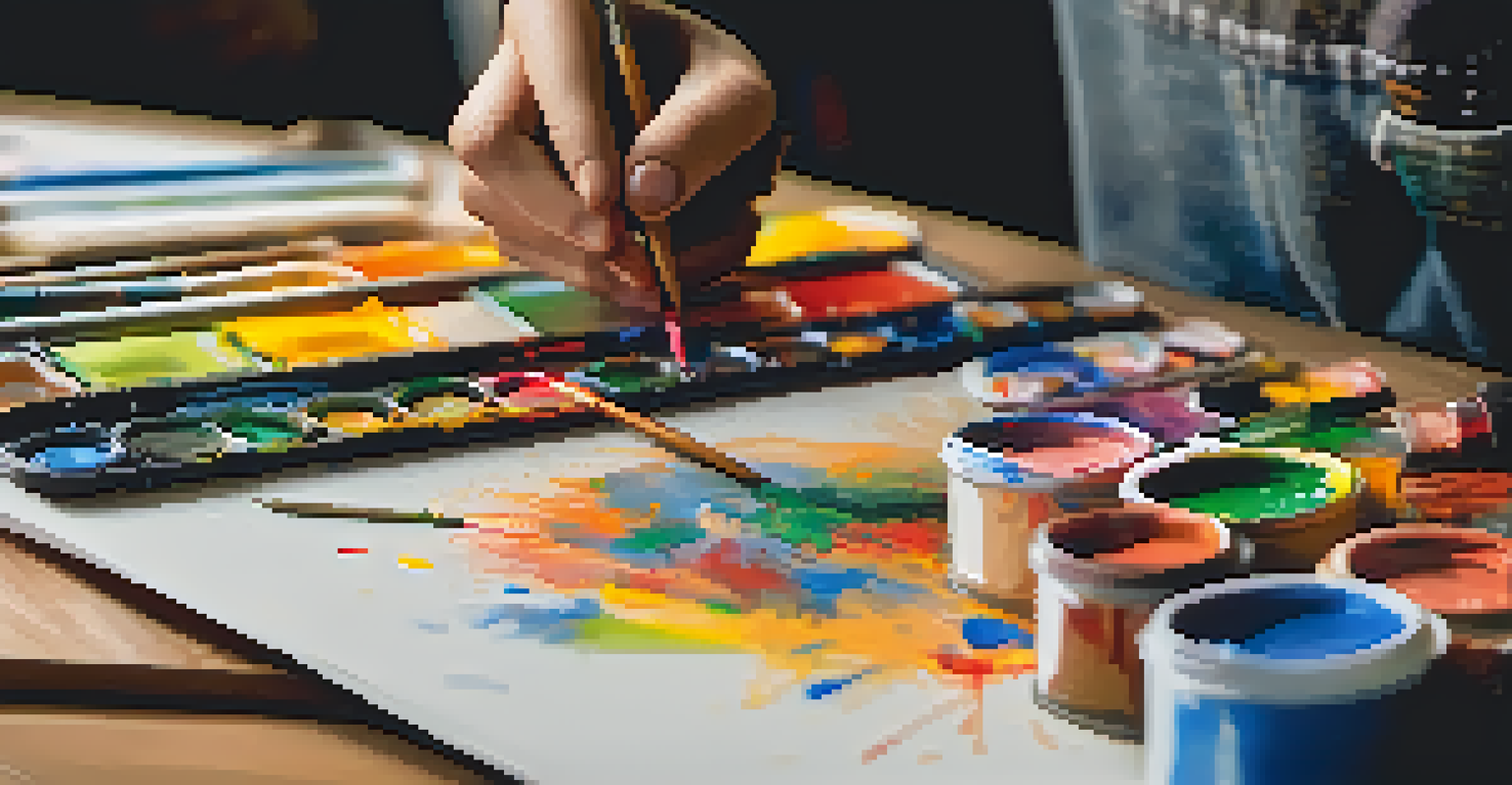 Close-up of a student's hands creating art with colorful materials and tools on a desk.