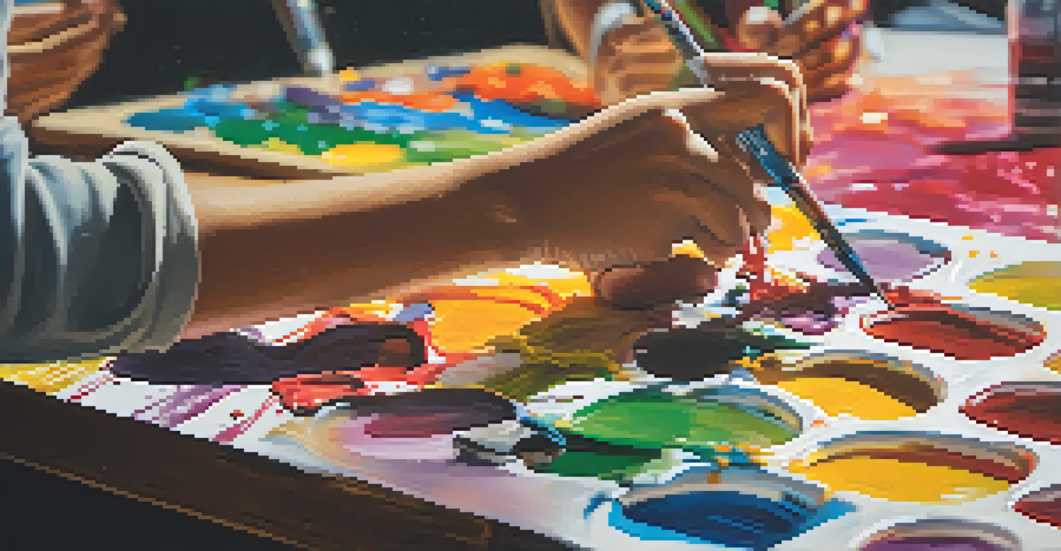 A close-up of a student's hands painting on a canvas, with a palette of colorful paints in the foreground.
