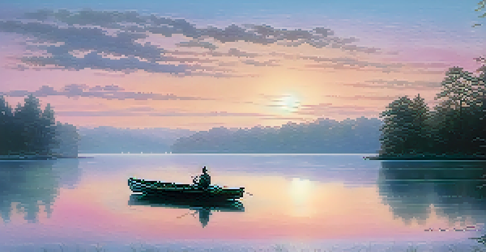 A peaceful lakeside at dawn with pastel colors and a small rowboat, surrounded by silhouettes of trees and mist hovering over the water.