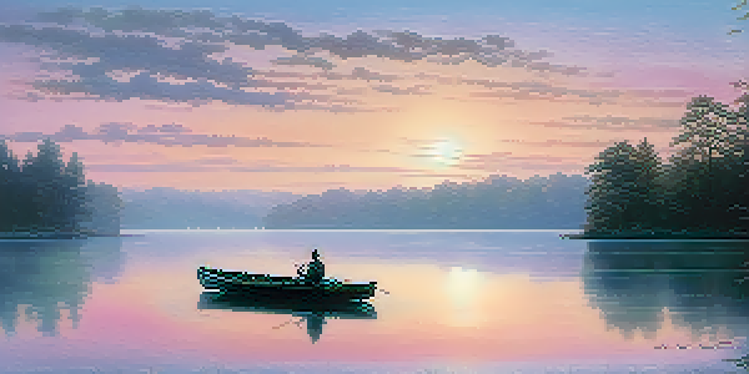 A peaceful lakeside at dawn with pastel colors and a small rowboat, surrounded by silhouettes of trees and mist hovering over the water.