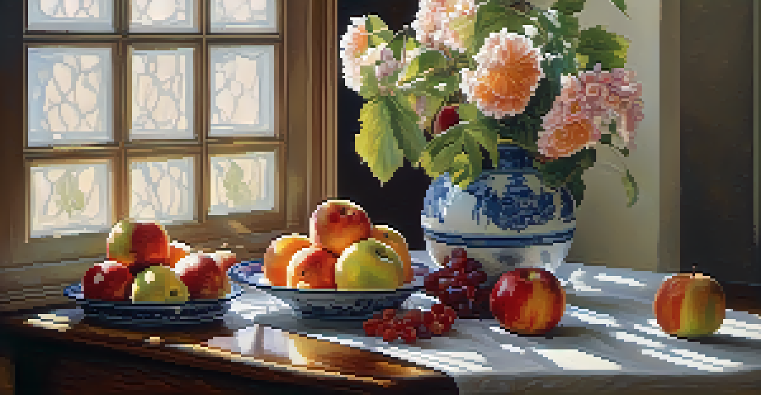 A still life arrangement featuring fruits on a wooden table with soft lighting and a vase of flowers.
