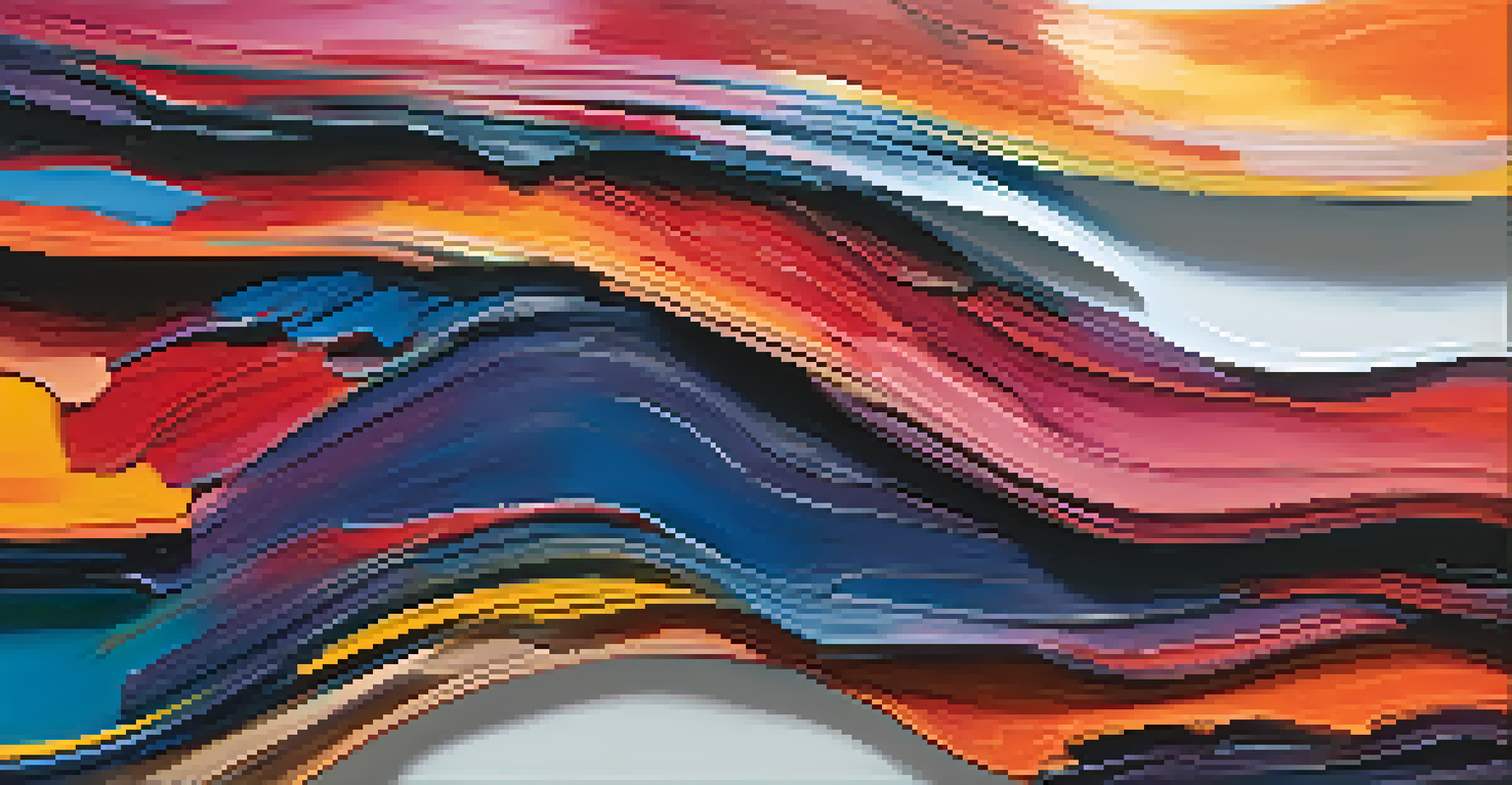 A close-up of an abstract canvas showcasing thick, textured brushstrokes in bold colors, emphasizing movement and emotion.
