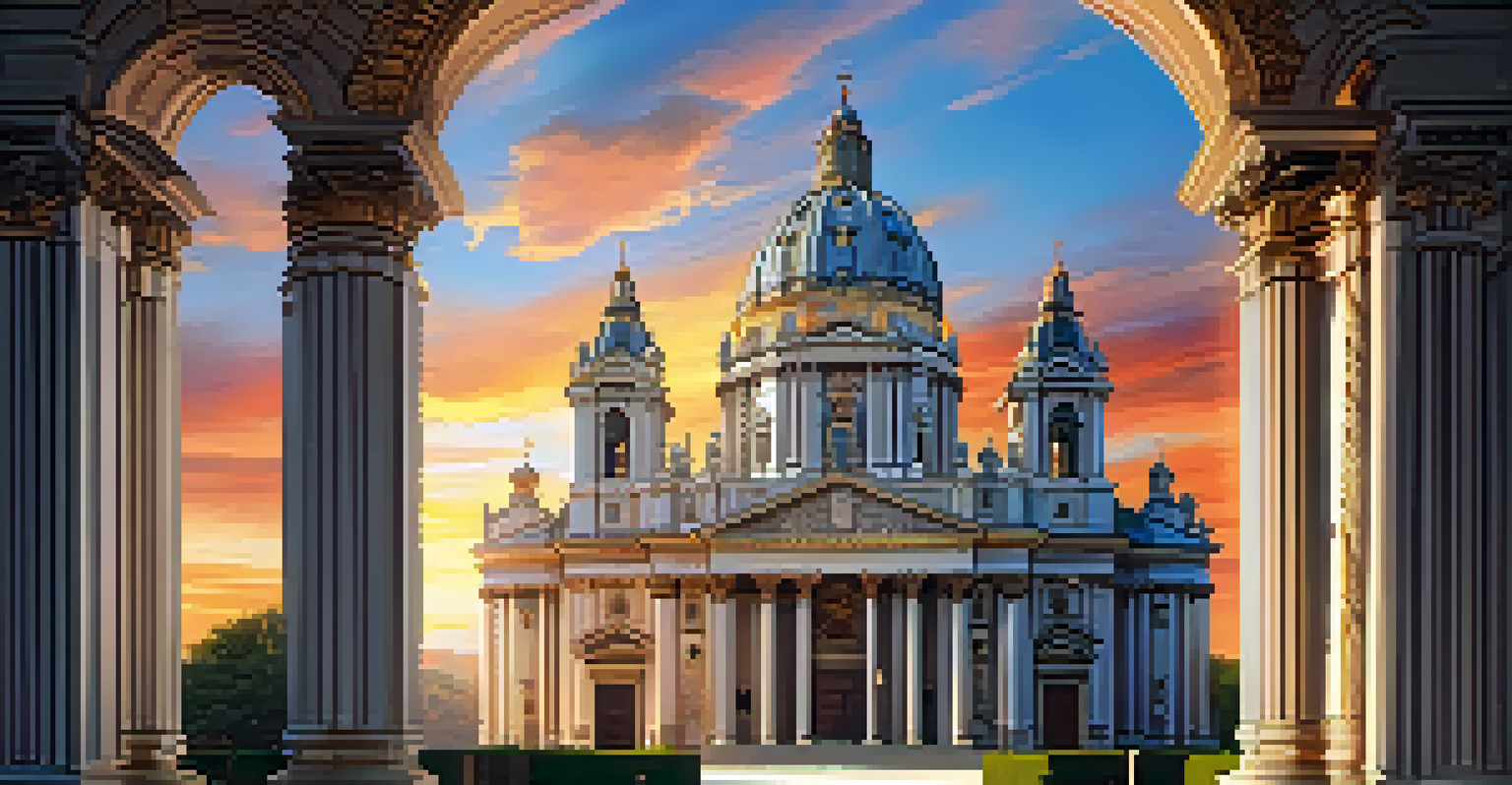 A grand Baroque cathedral at sunset, featuring sweeping curves and intricate details with dramatic light and shadow.