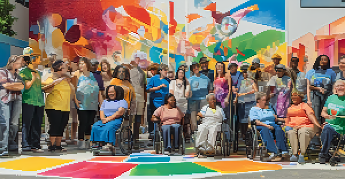 A group of disabled artists working together on a colorful mural, showcasing diverse talents and adaptive tools, with sunlight illuminating the scene.
