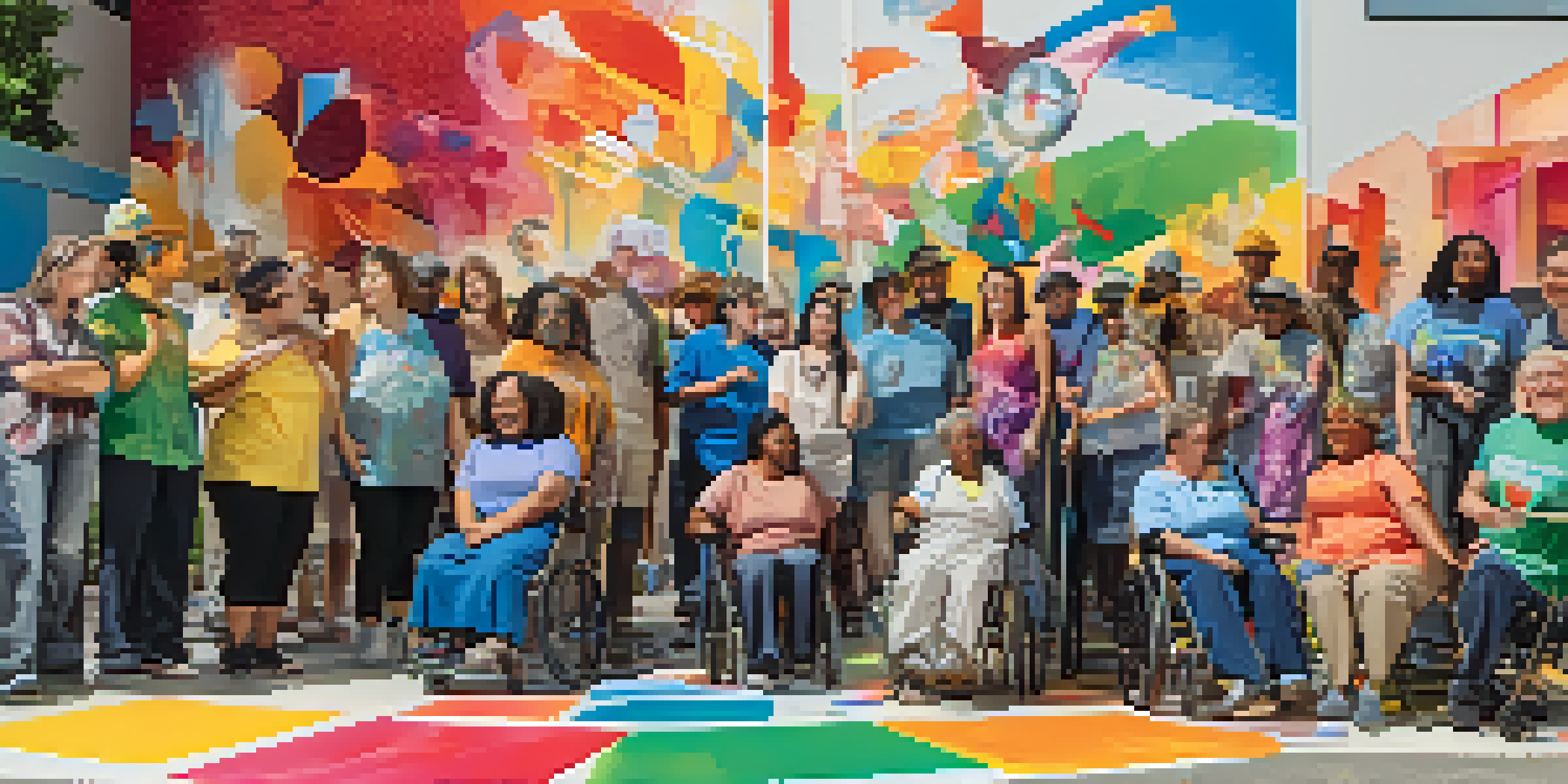 A group of disabled artists working together on a colorful mural, showcasing diverse talents and adaptive tools, with sunlight illuminating the scene.