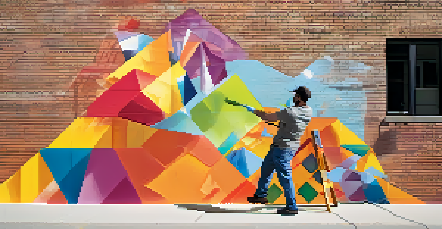 An artist painting a colorful abstract mural on a brick wall using a large paint roller, with bright daylight illuminating the scene.