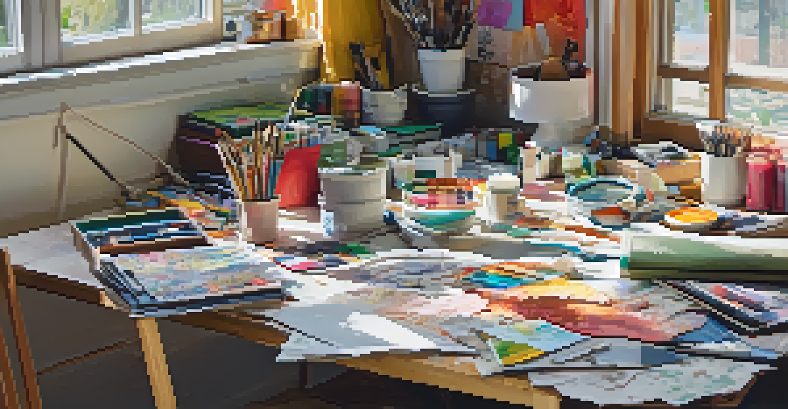 An artistic workspace with a collage in progress, featuring various materials like magazines, colorful papers, and fabric scraps, illuminated by natural light.