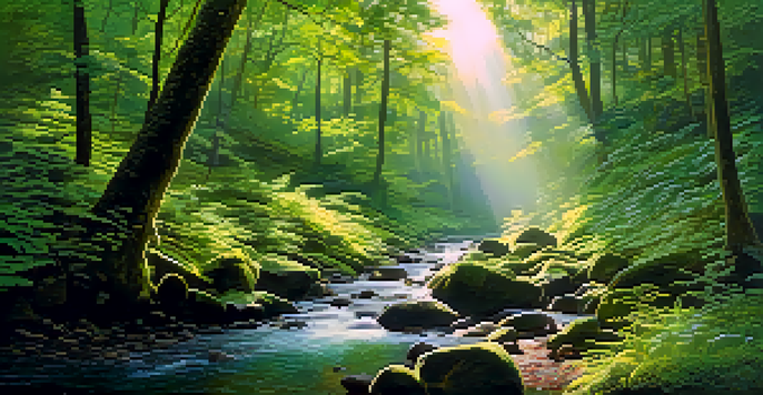 A tranquil green forest scene with sunlight filtering through the trees, showcasing various shades of green and a flowing stream.